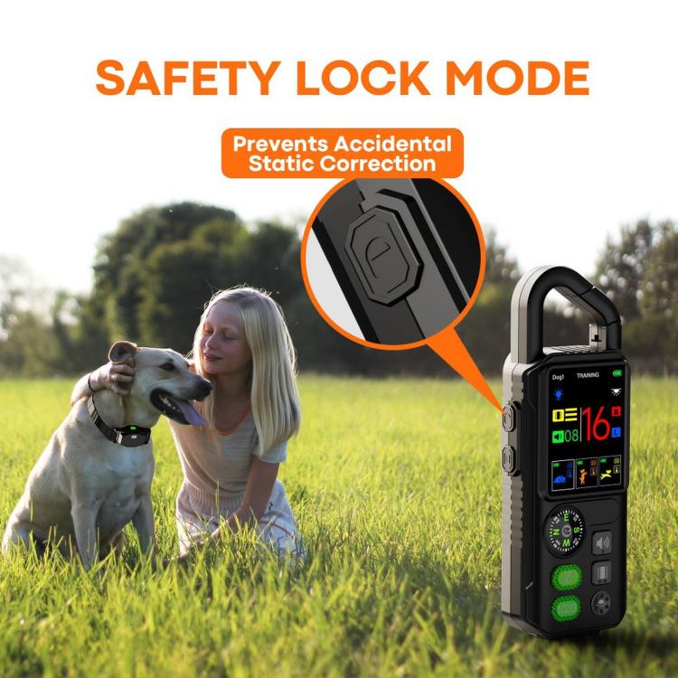 Wireless training remote beside a dog wearing a black electronic training collar