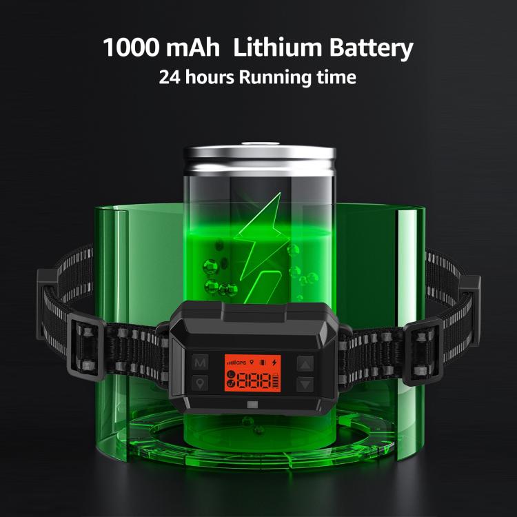 Black GPS dog fence collar with glowing battery indicator and lithium power cell