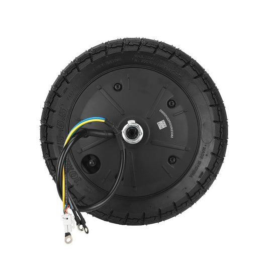 Black hub motor wheel with treaded tire and exposed axle, wiring visible