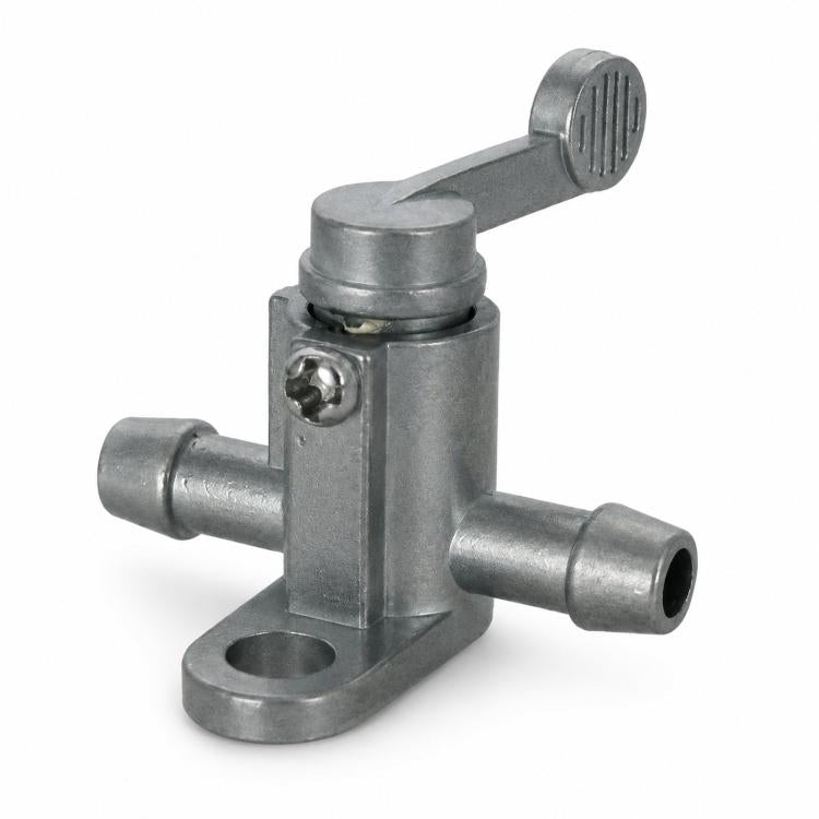 Metal fuel petcock valve with manual lever and two hose barbs, mounting base
