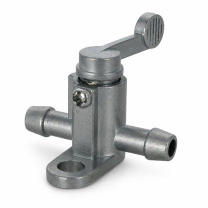 Metal fuel petcock valve with manual lever and two hose barbs, mounting base