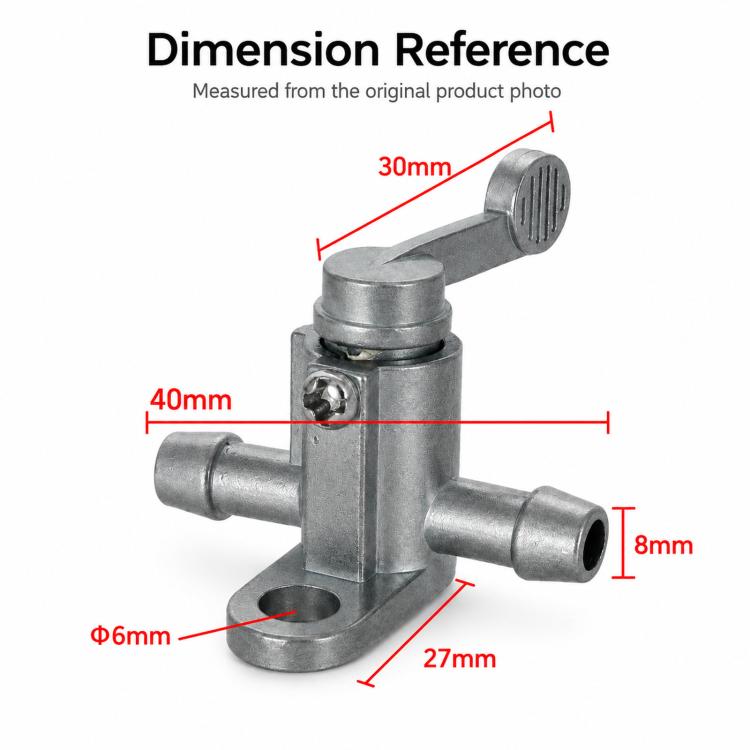 Metal fuel petcock valve with manual lever, barbed ports, and base