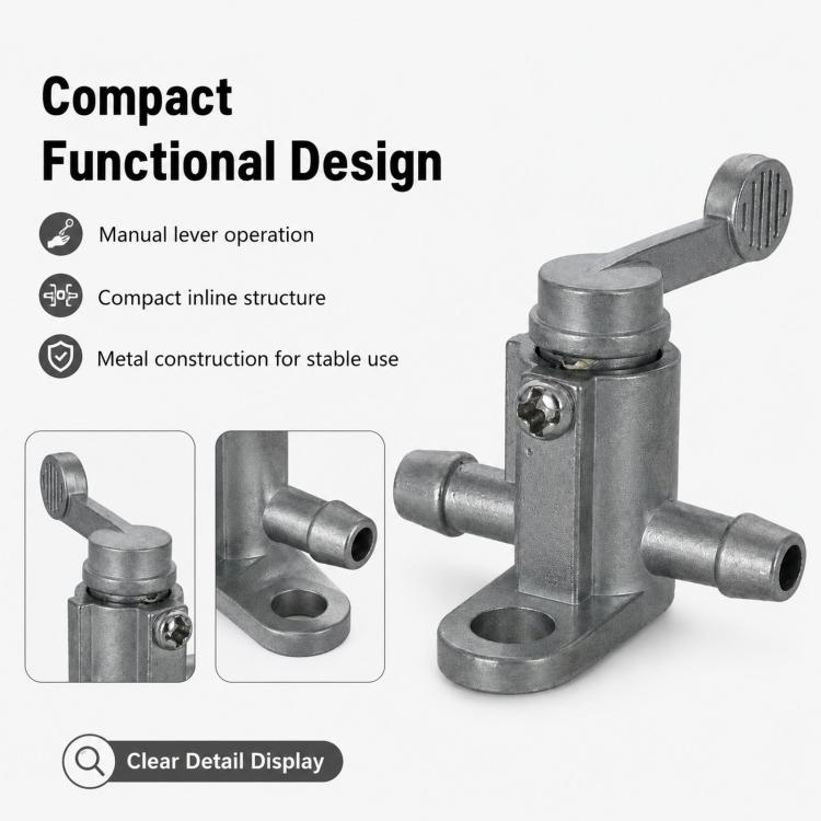 Metal inline fuel shut-off petcock with lever, barbed ends, and mounting base