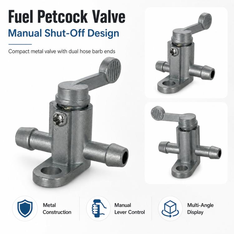 Manual fuel petcock valve with lever shut-off design and two barbed hose ends
