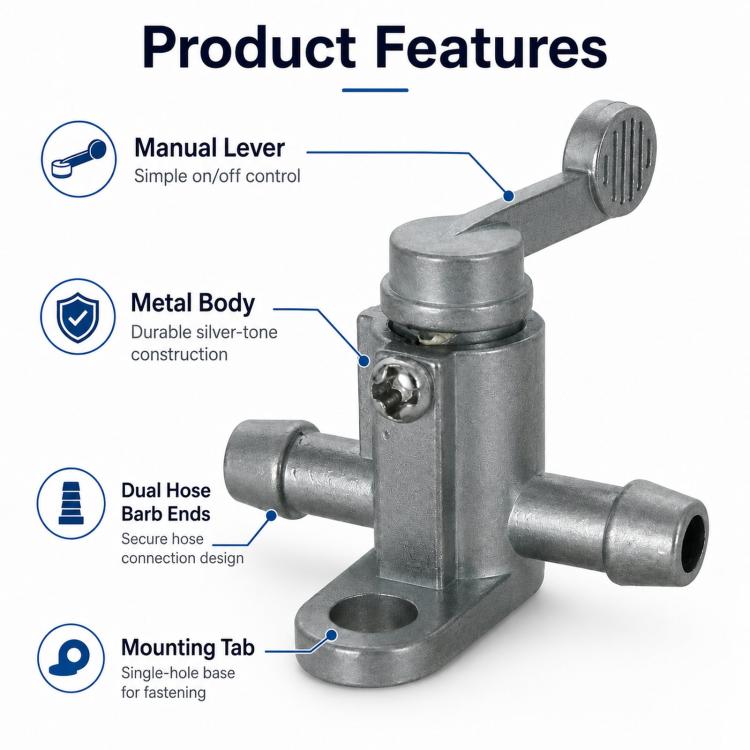 Fuel petcock valve with metal body, manual lever, dual hose barbs, mounting tab