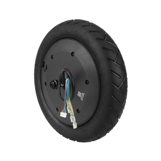 Rear hub motor wheel assembly with black CST tubeless tire, cable connectors