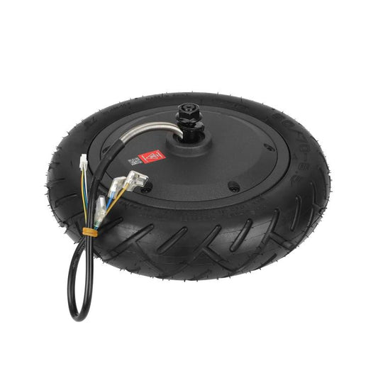 Rear hub motor wheel with black tire and exposed wiring connectors