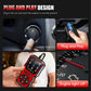 Handheld red OBD2 diagnostic scanner with display buttons and plug-and-play usage