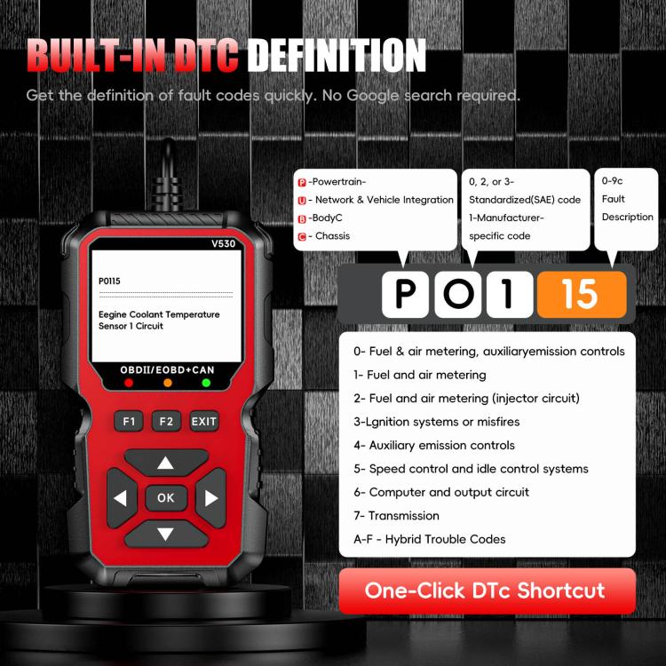 Red OBD2 scanner with DTC definition screen and shortcut layout