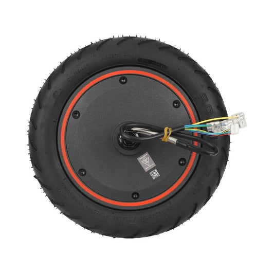 Rear hub motor wheel with black tire, orange ring, exposed cable and connector plugs