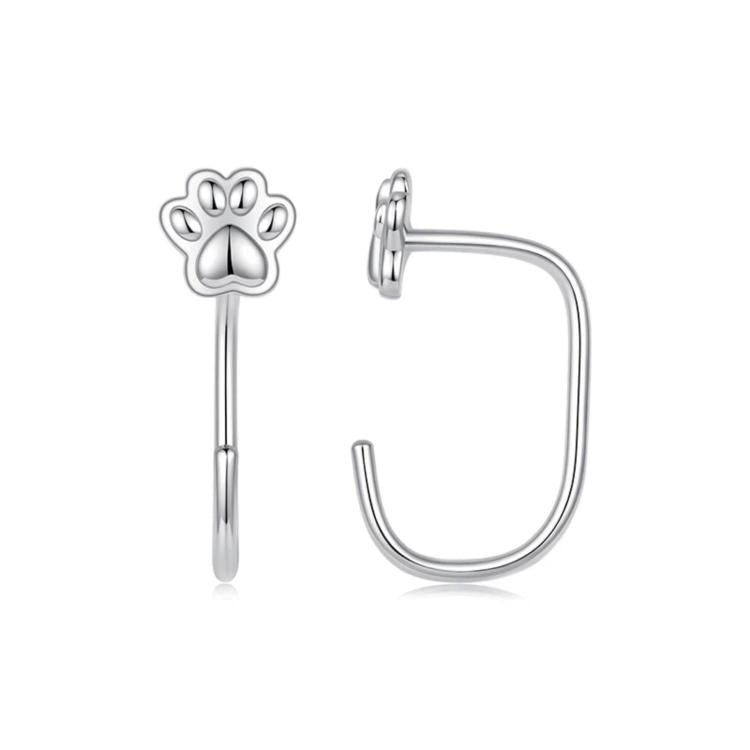 Silver-tone paw-print hoop earrings with long drop post