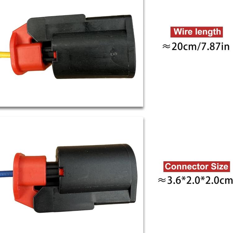 Coolant temperature sensor connector with red latch, black housing, and short wire leads