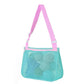 Mesh single-shoulder pouch bag in teal with pink strap, zip-top mesh pocket