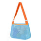 Mesh single-shoulder pouch bag in light blue with orange strap, zip-top mesh pocket