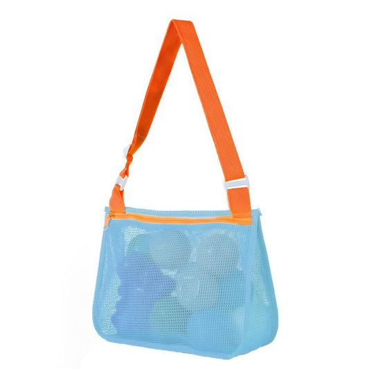 Mesh single-shoulder pouch bag in light blue with orange strap, zip-top mesh pocket