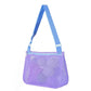 Mesh single-shoulder pouch bag in purple with blue strap, zip-top mesh pocket