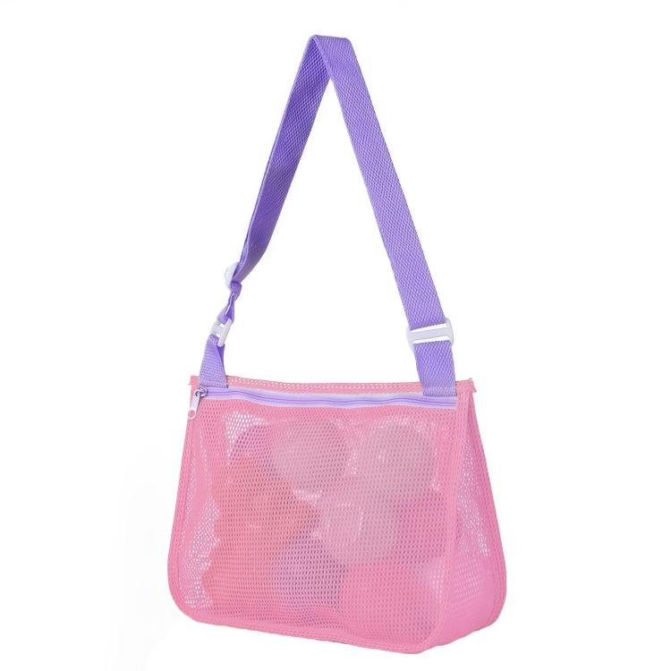 Mesh single-shoulder pouch bag in pink with purple strap, zip-top mesh pocket