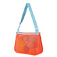 Mesh single-shoulder pouch bag in orange with light blue strap, zip-top mesh pocket