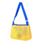 Mesh single-shoulder pouch bag in yellow with blue strap, zip-top mesh pocket