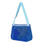 Mesh single-shoulder pouch bag in dark blue with light blue strap, zip-top mesh pocket