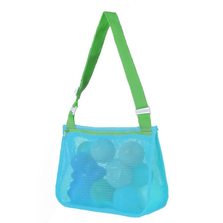 Kids single-shoulder mesh pouch bag with aqua body and green shoulder strap