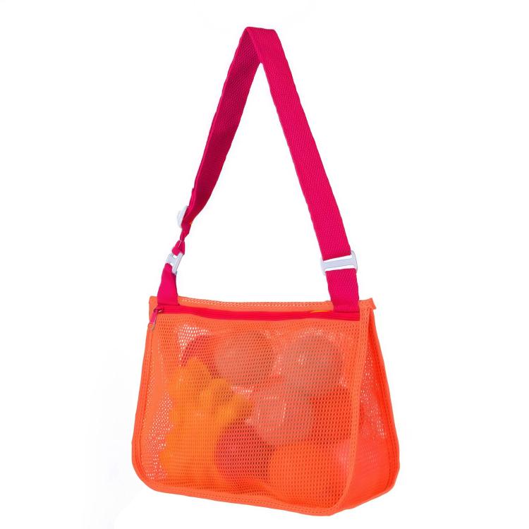 Kids single-shoulder mesh pouch bag with orange body and pink shoulder strap