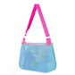Kids single-shoulder mesh pouch bag with light blue body and hot pink shoulder strap