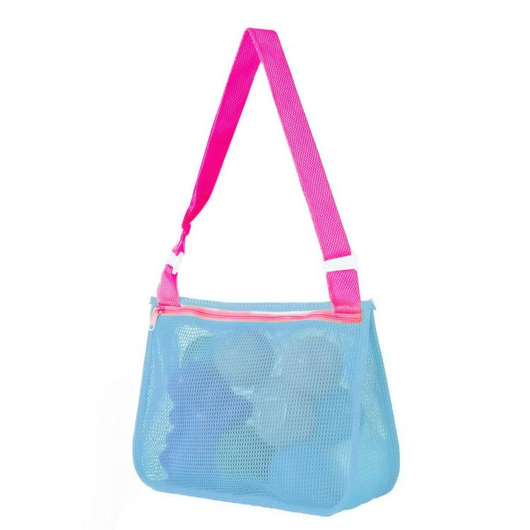 Kids single-shoulder mesh pouch bag with light blue body and hot pink shoulder strap