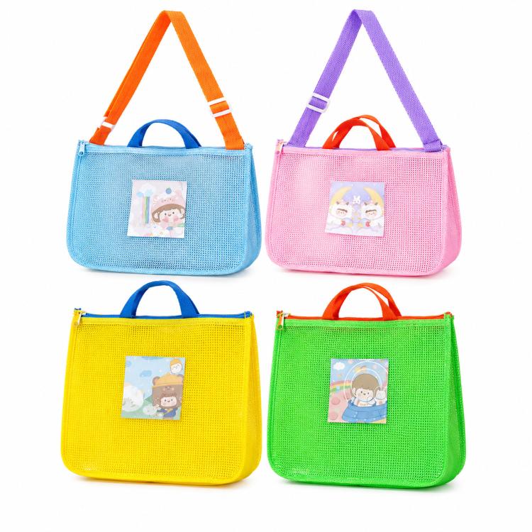 Children's mesh single-shoulder pouch set with colorful straps and front label window
