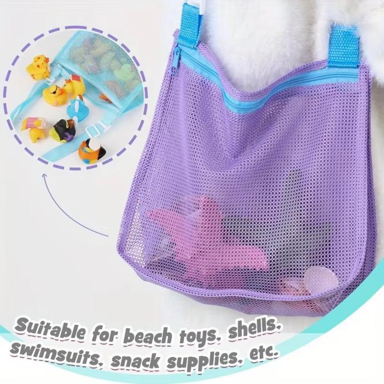 Purple mesh single-shoulder pouch with zipper top and matching shoulder strap
