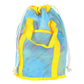Yellow and sky-blue mesh drawstring tote with front pocket and curved handle strap