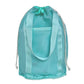 Teal and light-aqua mesh drawstring tote with front pocket and braided handle straps