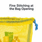 Close-up of yellow mesh drawstring bag opening with blue tie cord