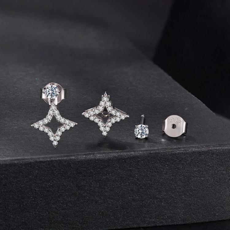 Sterling silver three-piece star and round moissanite stud earrings set