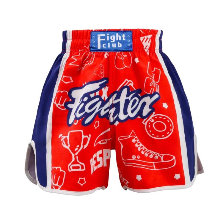 Red muay thai boxing shorts with blue accents, white stripes, and Fight Club waistband patch