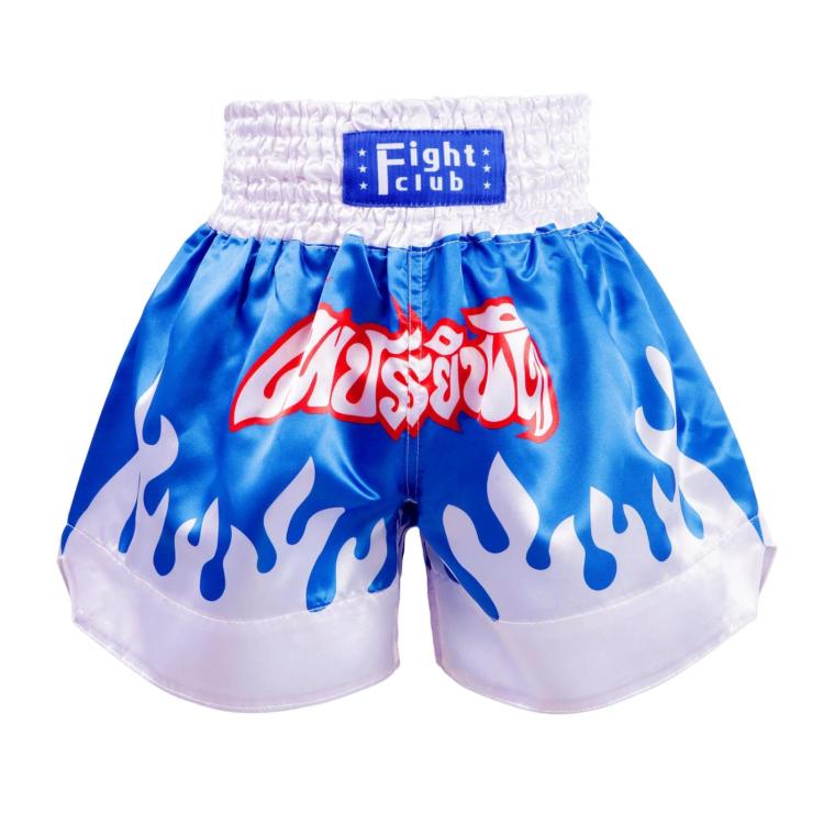 Blue muay thai boxing shorts with flame graphic and Fight Club waistband patch