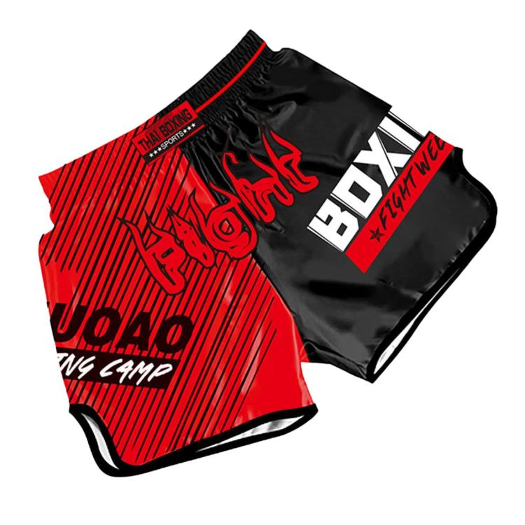 Muay Thai boxing shorts with red-and-black panels, striped design and bold “BDA” logo.