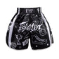 Muay Thai boxing shorts in black with white “Fight Club” waistband and training icons.
