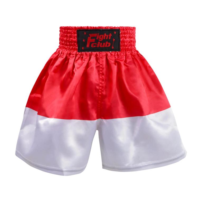 Red and white boxing shorts with Fight Club label and satin fabric panels.