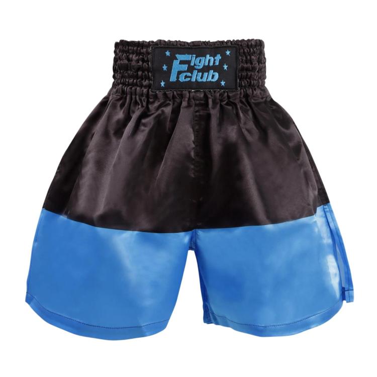 Black and blue boxing shorts with Fight Club label on elastic waistband.