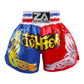 Blue, red, and gold boxing shorts with ZA logo and flame and Tiger graphic