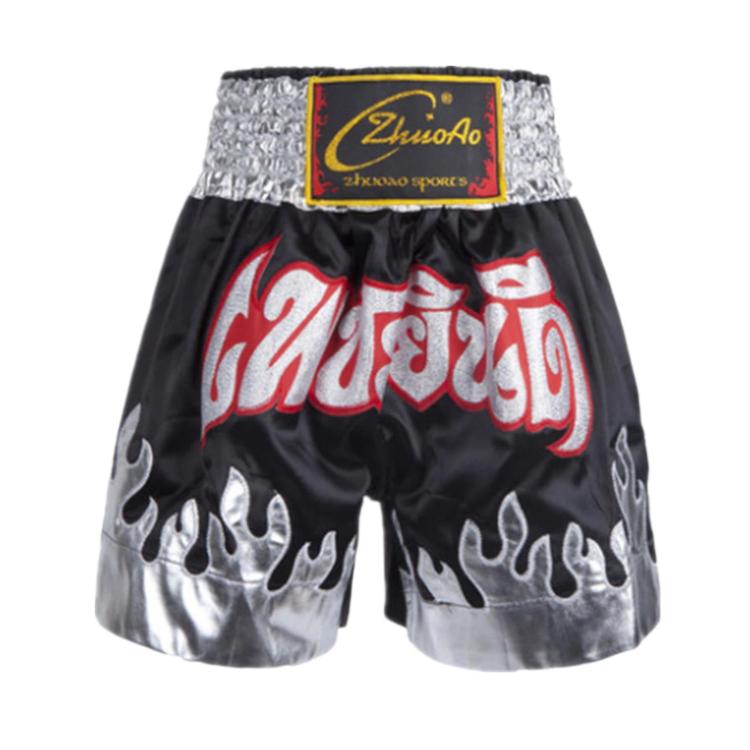 Black and silver boxing shorts with flame graphics and ZhuoAo sportswear label