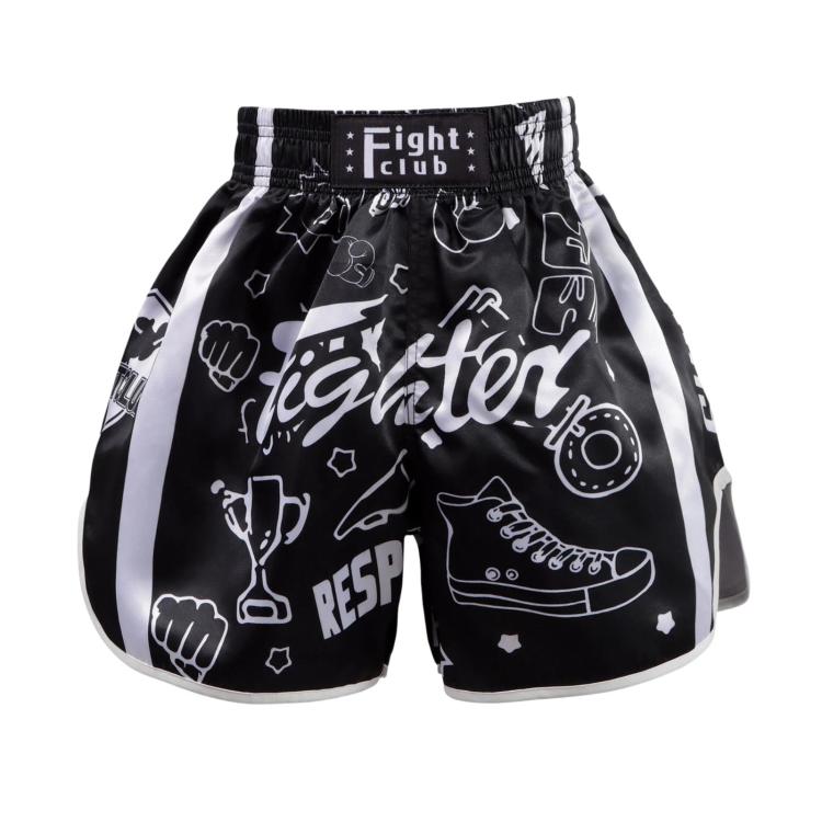 Training boxing shorts in black with white icon prints and elastic waistband.