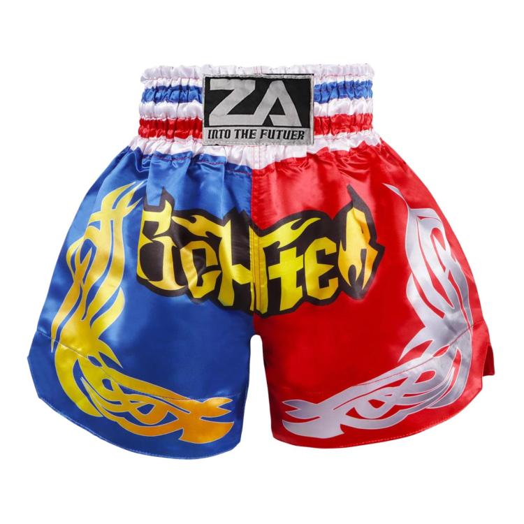 Muay Thai boxing shorts in blue and red with yellow flame graphics and waist logo patch