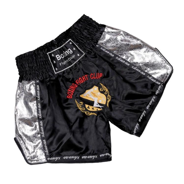 Muay Thai boxing shorts in black with silver trim and Boxing Fight Club crest