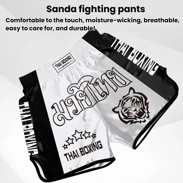 Sanda fight shorts set with black and white satin panels and Thai boxing print