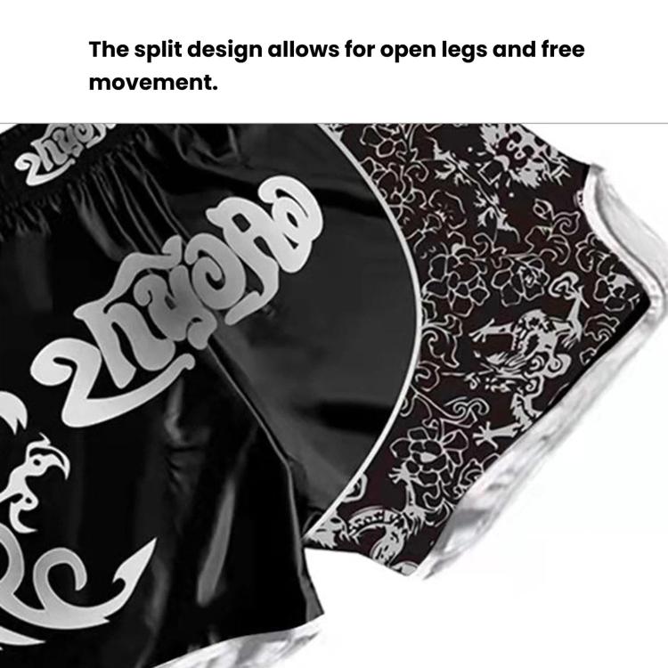 Black sanda fighting shorts with split-leg design and floral patterned side panel