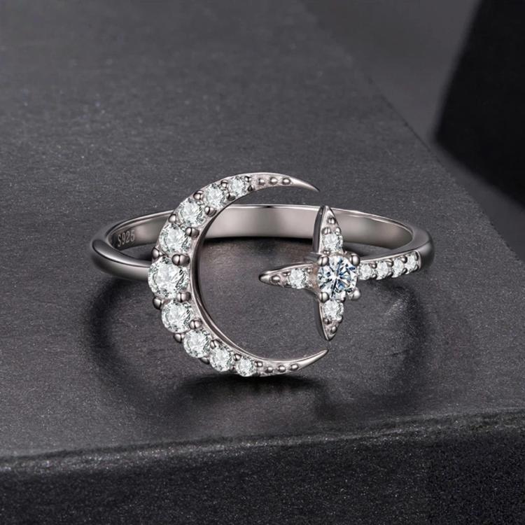 S925 sterling silver open ring with star-shaped moissanite clusters