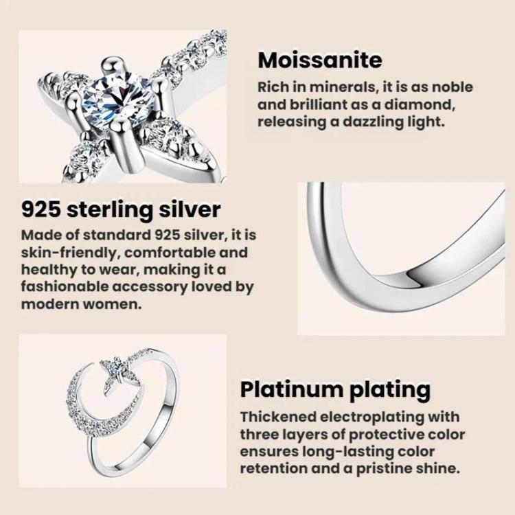 Moissanite star ring material info card: 925 sterling silver and platinum plating