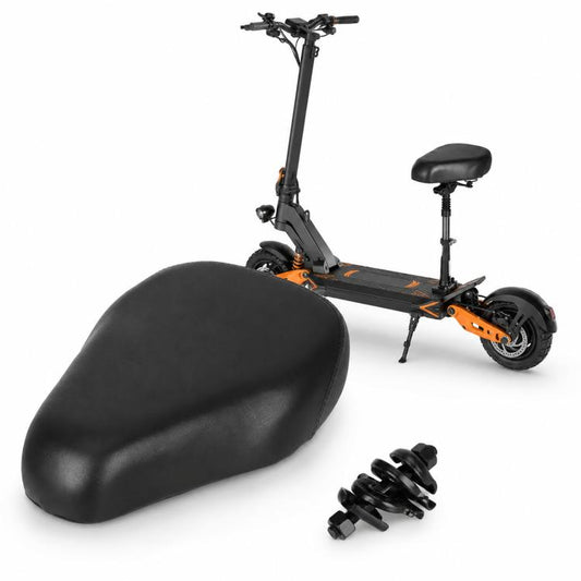Wide black padded electric scooter seat cushion with mounting hardware and springs